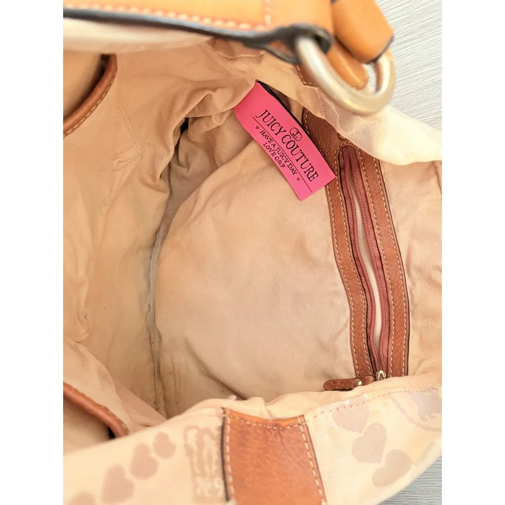 Y2K Juicy Couture Monogram Crest Canvas Hobo Bag Tan Leather Trim Gold Hardware